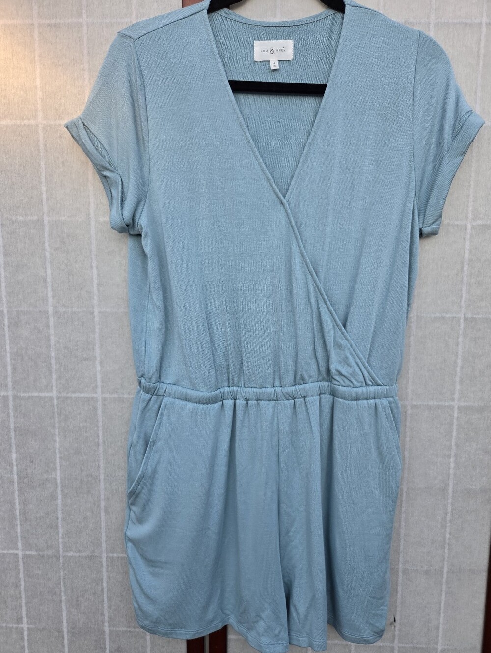 LOU & GREY Sage Blue Surplice Romper Cozy Casual Athleisure Lounge Minimalist M